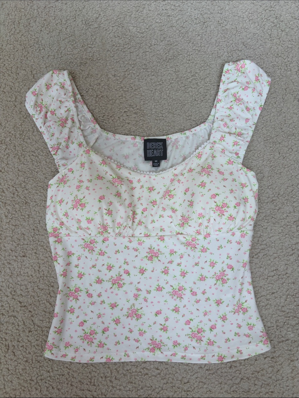 Derek Heart White Pink Floral Square-Neck Ruffle Strap Tank M